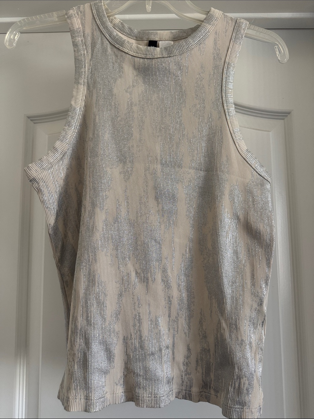 Metallic Ribbed Tank Top in Silver and White